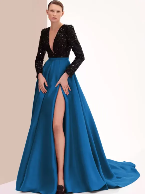 Evening Dress Ball Gown V-Neck With Train Long Sleeves Zipper Split Front Satin Fabric Formal Party Dresses