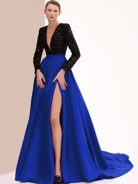 Evening Dress Ball Gown V-Neck With Train Long Sleeves Zipper Split Front Satin Fabric Formal Party Dresses