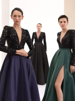 Evening Dress Ball Gown V-Neck With Train Long Sleeves Zipper Split Front Satin Fabric Formal Party Dresses