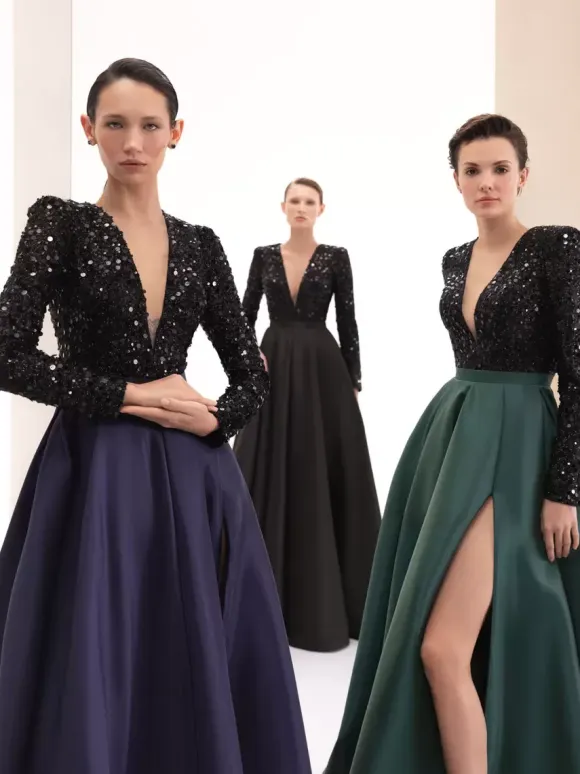 Evening Dress Ball Gown V-Neck With Train Long Sleeves Zipper Split Front Satin Fabric Formal Party Dresses