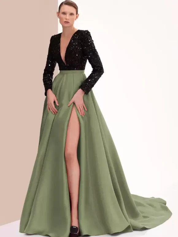 Evening Dress Ball Gown V-Neck With Train Long Sleeves Zipper Split Front Satin Fabric Formal Party Dresses