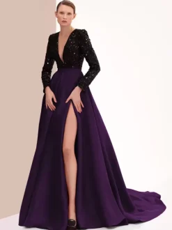 Evening Dress Ball Gown V-Neck With Train Long Sleeves Zipper Split Front Satin Fabric Formal Party Dresses