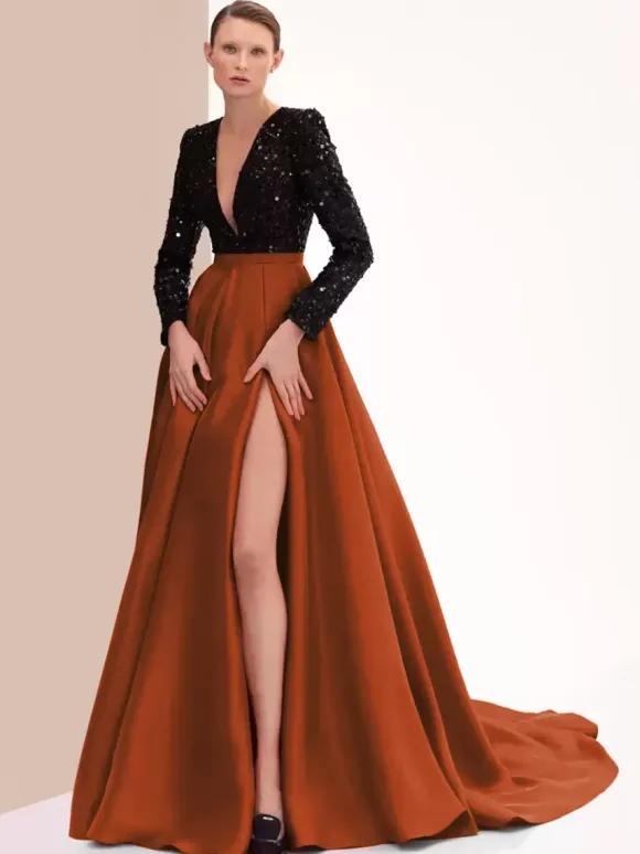 Evening Dress Ball Gown V-Neck With Train Long Sleeves Zipper Split Front Satin Fabric Formal Party Dresses