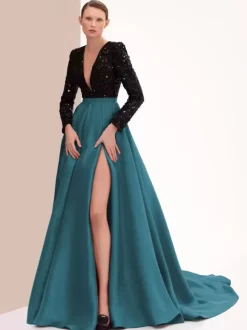Evening Dress Ball Gown V-Neck With Train Long Sleeves Zipper Split Front Satin Fabric Formal Party Dresses