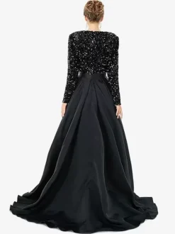 Evening Dress Ball Gown V-Neck With Train Long Sleeves Zipper Split Front Satin Fabric Formal Party Dresses