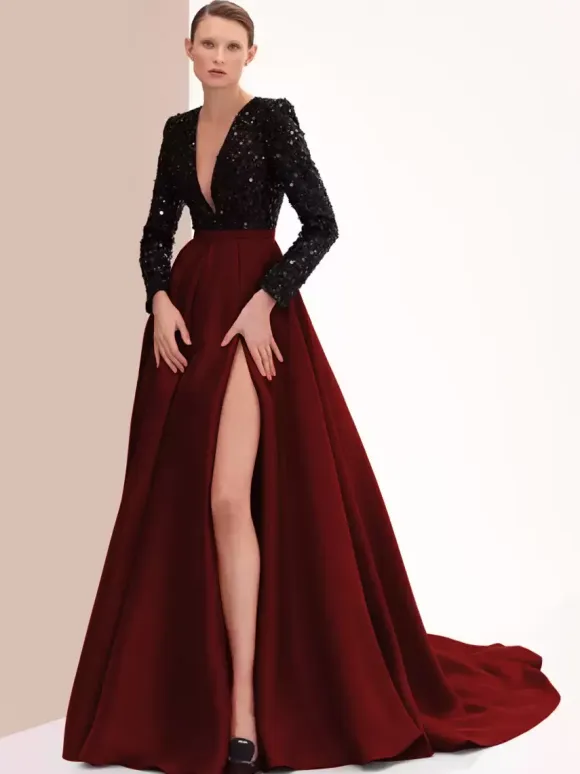 Evening Dress Ball Gown V-Neck With Train Long Sleeves Zipper Split Front Satin Fabric Formal Party Dresses