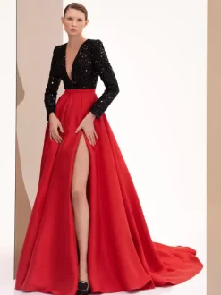 Evening Dress Ball Gown V-Neck With Train Long Sleeves Zipper Split Front Satin Fabric Formal Party Dresses
