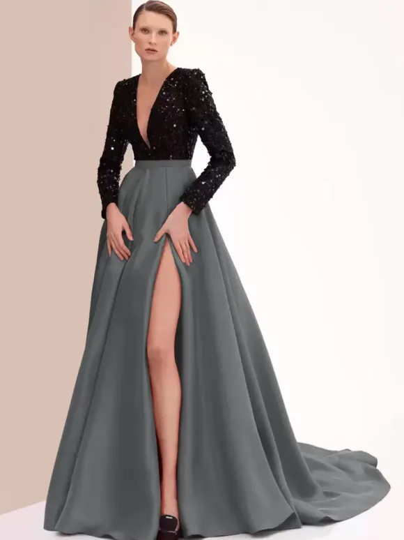 Evening Dress Ball Gown V-Neck With Train Long Sleeves Zipper Split Front Satin Fabric Formal Party Dresses