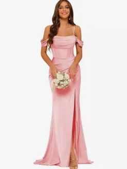 Evening Dress Bridesmaid Dresses Short Sleeves Zipper Split Front Party Dresses