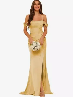 Evening Dress Bridesmaid Dresses Short Sleeves Zipper Split Front Party Dresses