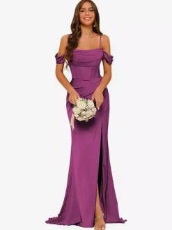 Evening Dress Bridesmaid Dresses Short Sleeves Zipper Split Front Party Dresses