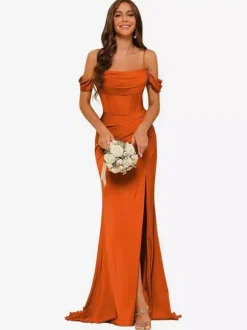 Evening Dress Bridesmaid Dresses Short Sleeves Zipper Split Front Party Dresses