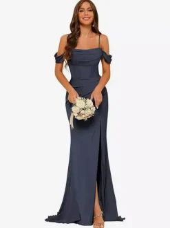 Evening Dress Bridesmaid Dresses Short Sleeves Zipper Split Front Party Dresses