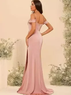 Evening Dress Bridesmaid Dresses Short Sleeves Zipper Split Front Party Dresses