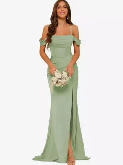 Evening Dress Bridesmaid Dresses Short Sleeves Zipper Split Front Party Dresses