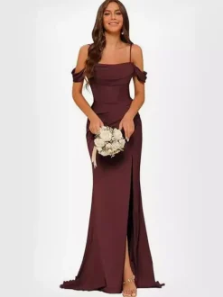 Evening Dress Bridesmaid Dresses Short Sleeves Zipper Split Front Party Dresses