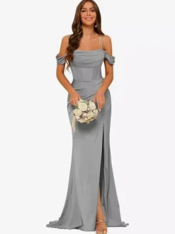 Evening Dress Bridesmaid Dresses Short Sleeves Zipper Split Front Party Dresses