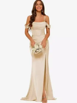 Evening Dress Bridesmaid Dresses Short Sleeves Zipper Split Front Party Dresses