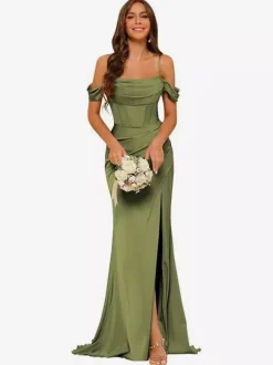 Evening Dress Bridesmaid Dresses Short Sleeves Zipper Split Front Party Dresses