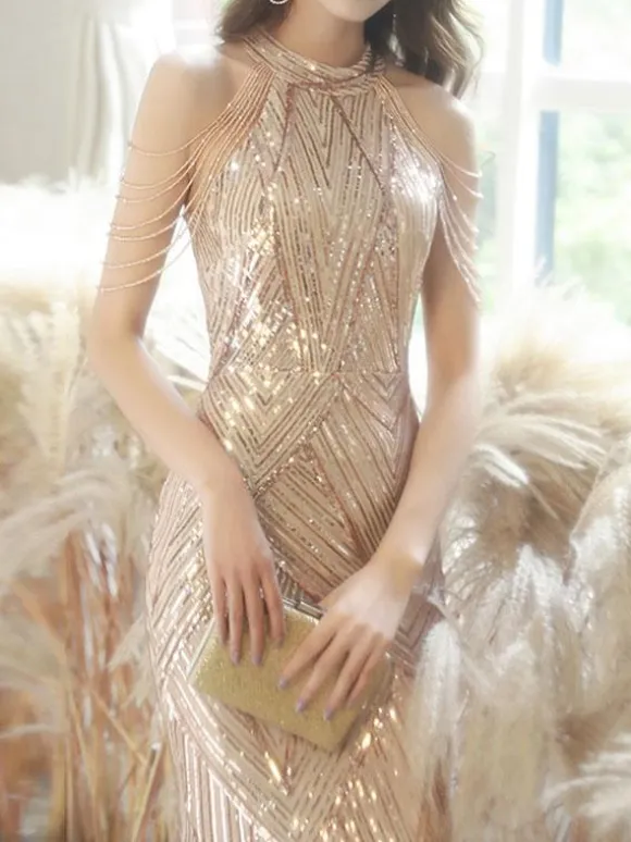 Evening Dress 2026 Champagne Mermaid Floor-Length Jewel Neck Sleeveless Zipper Chains Sequined Long Formal Dresses Wedding Guest Dresses