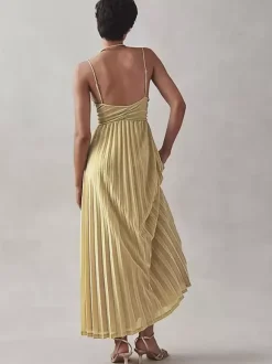 Evening Dress Dropped V-Neck Polyester Ankle-Length Pleated Social Party Dresses