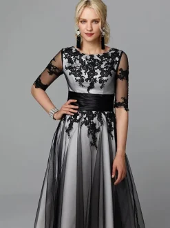 Evening Dress Jewel Neck Tea-Length Half Sleeves Lace-Up Applique Mother Of The Bridal Dresses