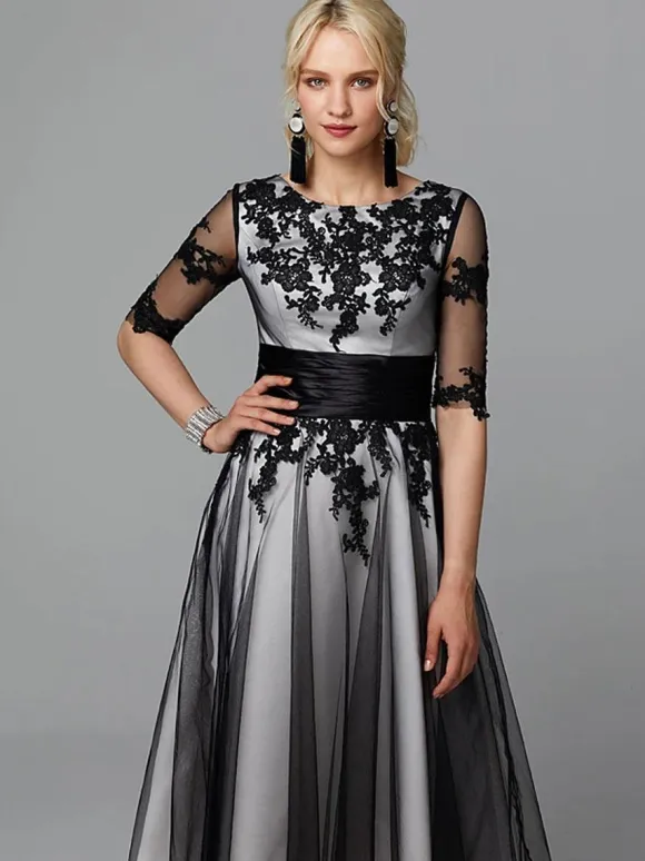 Evening Dress Jewel Neck Tea-Length Half Sleeves Lace-Up Applique Mother Of The Bridal Dresses