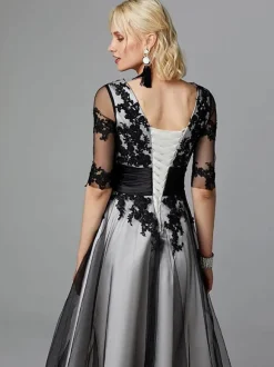 Evening Dress Jewel Neck Tea-Length Half Sleeves Lace-Up Applique Mother Of The Bridal Dresses