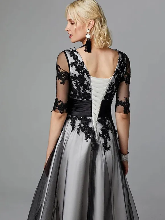 Evening Dress Jewel Neck Tea-Length Half Sleeves Lace-Up Applique Mother Of The Bridal Dresses