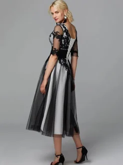 Evening Dress Jewel Neck Tea-Length Half Sleeves Lace-Up Applique Mother Of The Bridal Dresses