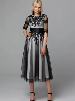 Evening Dress Jewel Neck Tea-Length Half Sleeves Lace-Up Applique Mother Of The Bridal Dresses