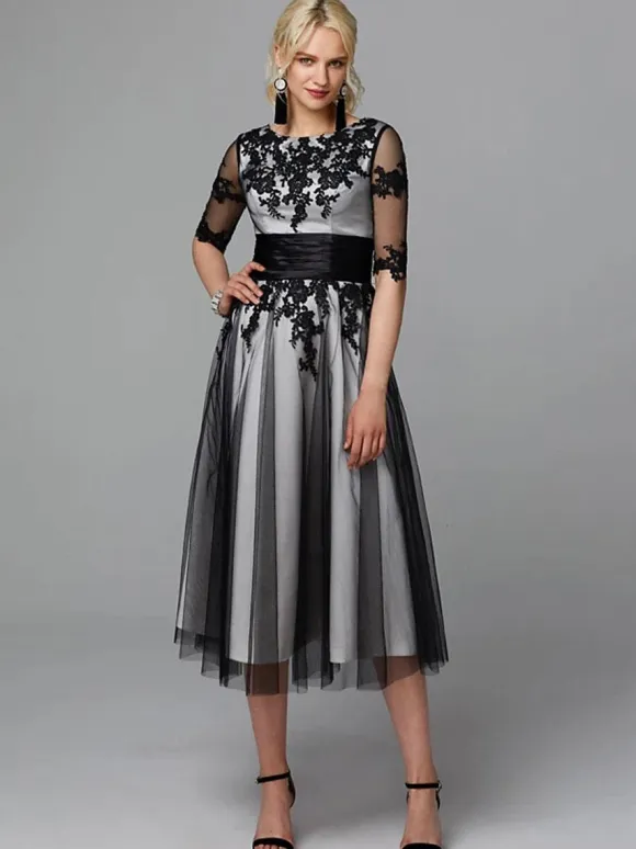 Evening Dress Jewel Neck Tea-Length Half Sleeves Lace-Up Applique Mother Of The Bridal Dresses