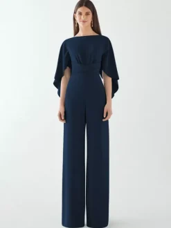 Evening Dress Jumpsuit Jewel Neck Stretch Crepe Floor-Length Sash Formal Dinner Dresses