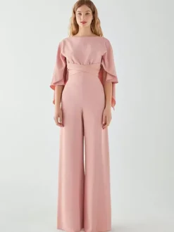 Evening Dress Jumpsuit Jewel Neck Stretch Crepe Floor-Length Sash Formal Dinner Dresses