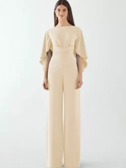 Evening Dress Jumpsuit Jewel Neck Stretch Crepe Floor-Length Sash Formal Dinner Dresses