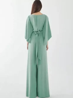 Evening Dress Jumpsuit Jewel Neck Stretch Crepe Floor-Length Sash Formal Dinner Dresses