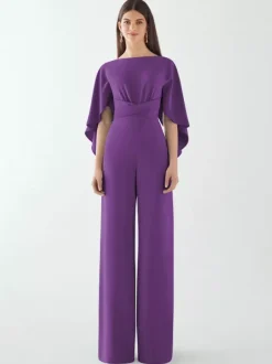 Evening Dress Jumpsuit Jewel Neck Stretch Crepe Floor-Length Sash Formal Dinner Dresses