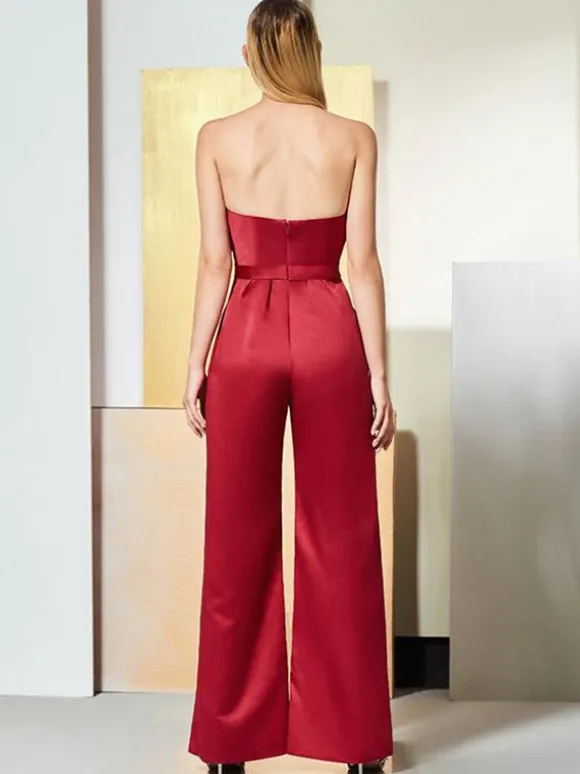 Evening Dress Jumpsuit Sweetheart Neck Satin Fabric Floor-Length Pleated Formal Party Dresses