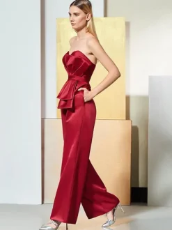 Evening Dress Jumpsuit Sweetheart Neck Satin Fabric Floor-Length Pleated Formal Party Dresses