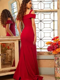 Evening Dress Mermaid Designed Neckline Floor-Length Short Sleeves Zipper Criss-Cross Satin Fabric Formal Party Dresses