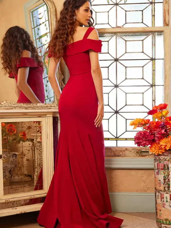 Evening Dress Mermaid Designed Neckline Floor-Length Short Sleeves Zipper Criss-Cross Satin Fabric Formal Party Dresses