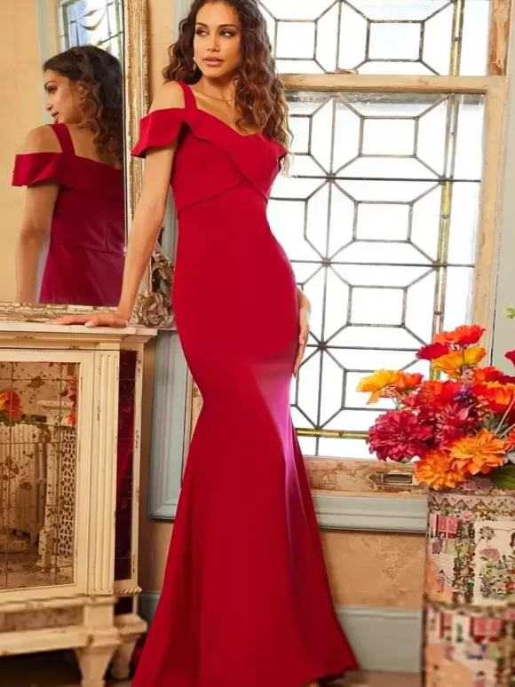 Evening Dress Mermaid Designed Neckline Floor-Length Short Sleeves Zipper Criss-Cross Satin Fabric Formal Party Dresses