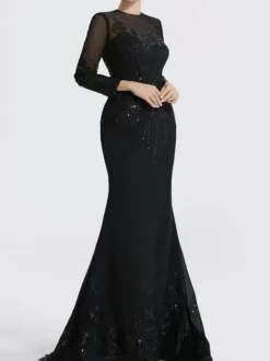 Evening Dress Mermaid Jewel Neck Court Train Long Sleeves Zipper Applique Sequined Formal Party Dresses