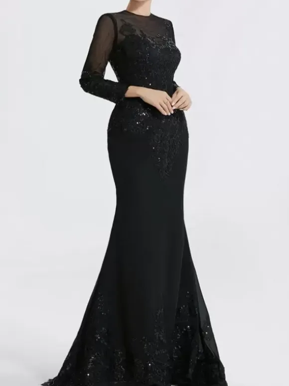 Evening Dress Mermaid Jewel Neck Court Train Long Sleeves Zipper Applique Sequined Formal Party Dresses
