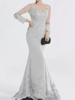 Evening Dress Mermaid Jewel Neck Court Train Long Sleeves Zipper Applique Sequined Formal Party Dresses