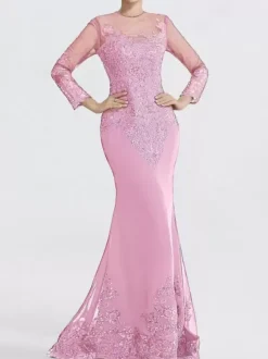 Evening Dress Mermaid Jewel Neck Court Train Long Sleeves Zipper Applique Sequined Formal Party Dresses