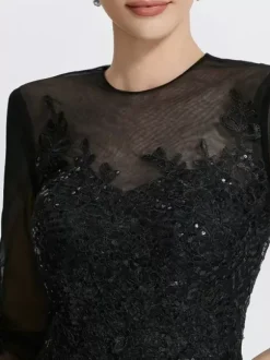 Evening Dress Mermaid Jewel Neck Court Train Long Sleeves Zipper Applique Sequined Formal Party Dresses