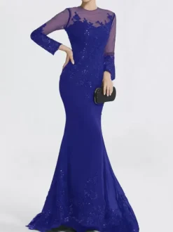 Evening Dress Mermaid Jewel Neck Court Train Long Sleeves Zipper Applique Sequined Formal Party Dresses
