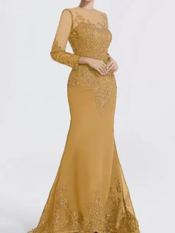 Evening Dress Mermaid Jewel Neck Court Train Long Sleeves Zipper Applique Sequined Formal Party Dresses