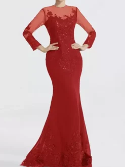 Evening Dress Mermaid Jewel Neck Court Train Long Sleeves Zipper Applique Sequined Formal Party Dresses